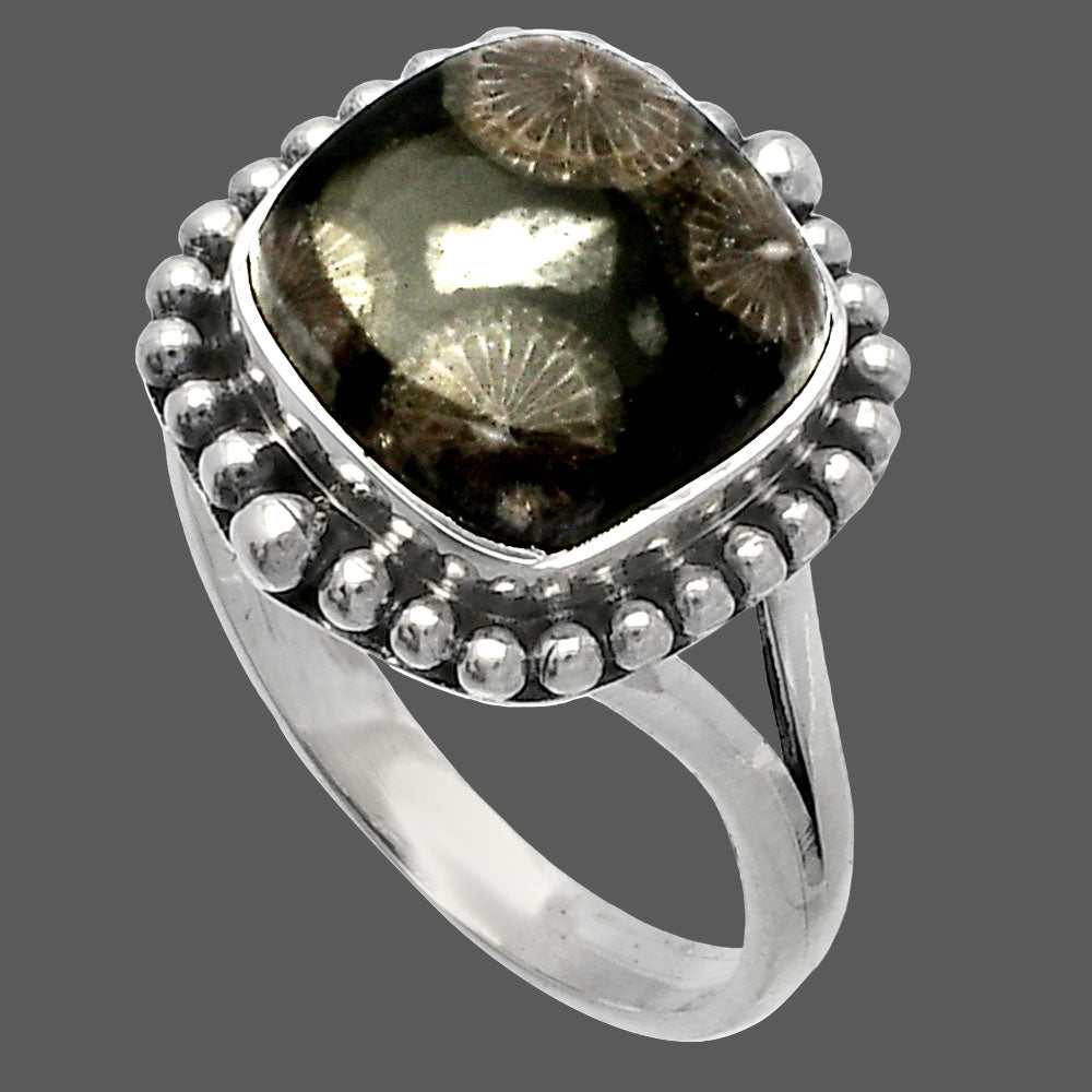 Natural Black Flower Fossil Coral Ring size-9.5 R-1154 SDR225948