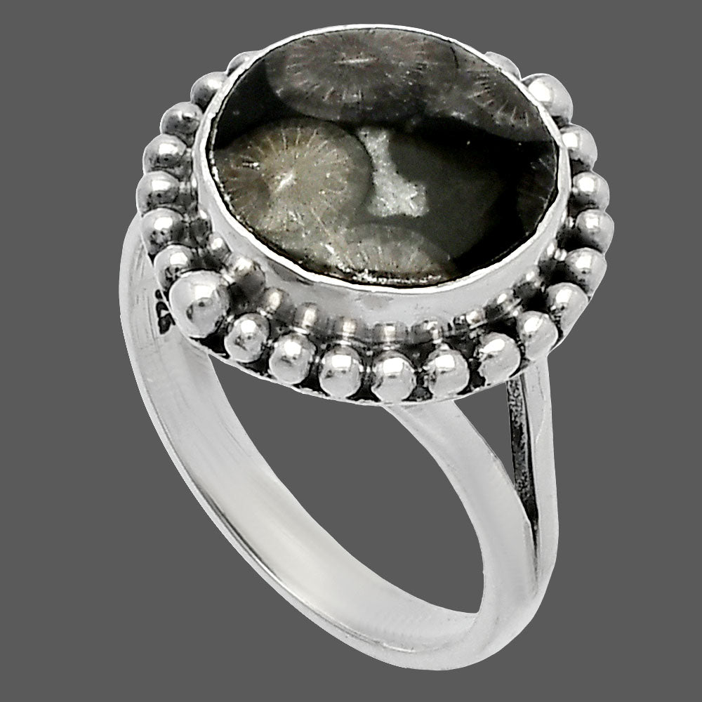 Natural Black Flower Fossil Coral Ring size-8 R-1154 SDR225966