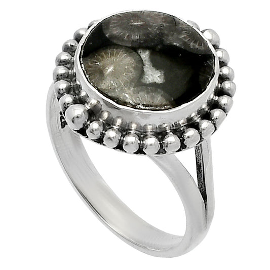 Natural Black Flower Fossil Coral Ring size-8 R-1154 SDR225966