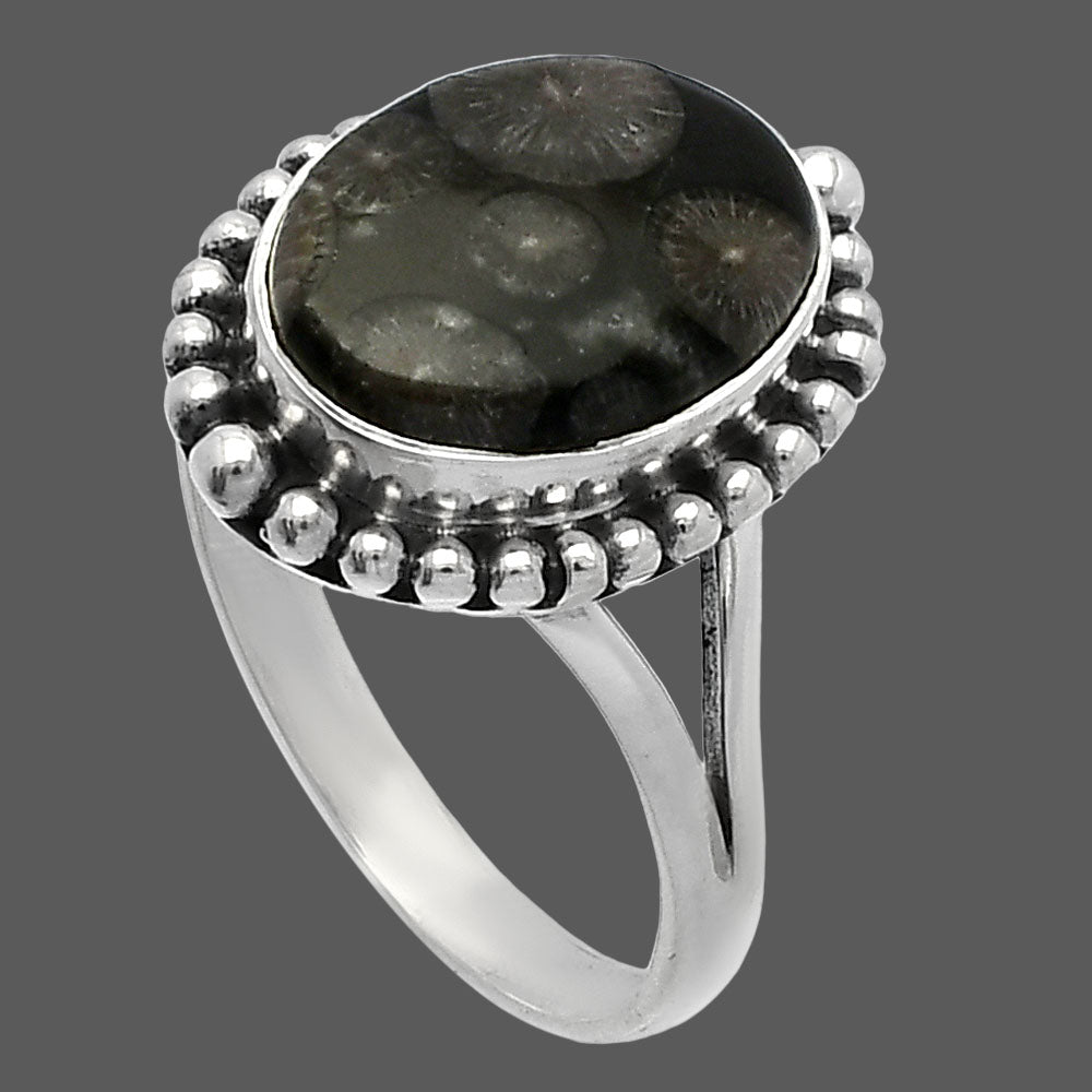Natural Black Flower Fossil Coral Ring size-9.5 R-1154 SDR226068