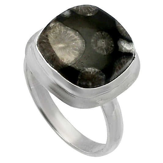Natural Black Flower Fossil Coral Ring size-8 R-1007 SDR226313