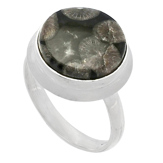 Natural Black Flower Fossil Coral Ring size-7 R-1007 SDR226407