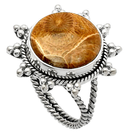 Natural Flower Fossil Coral Ring size-9 R-1234 SDR228517