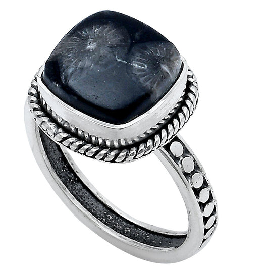 Natural Black Flower Fossil Coral Ring size-7 R-1066 SDR229269