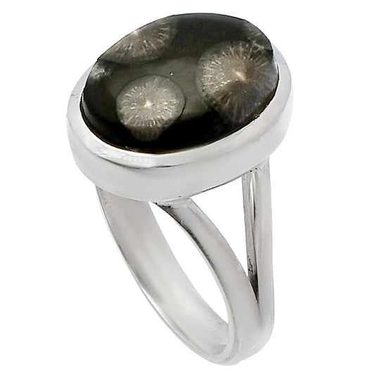 Natural Black Flower Fossil Coral Ring size-7 R-1005 SDR230377