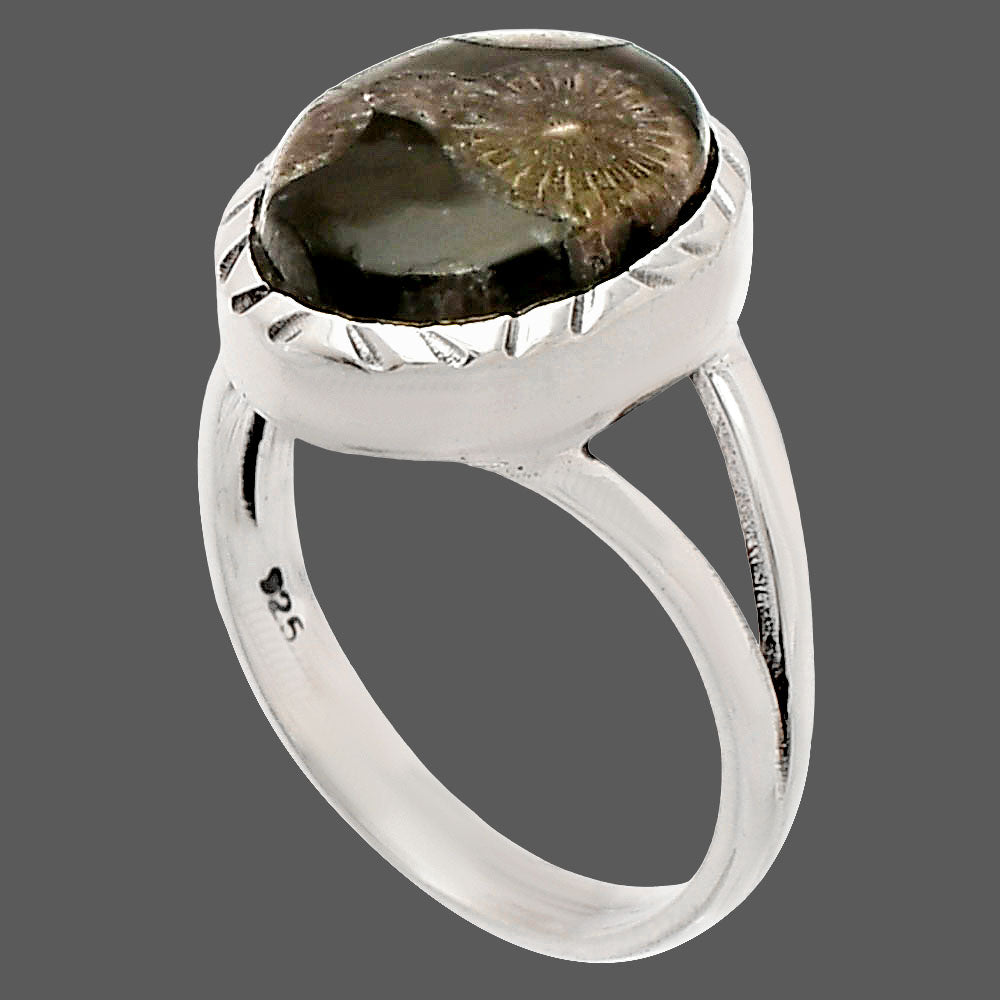 Natural Black Flower Fossil Coral Ring size-6.5 R-1074 SDR230878