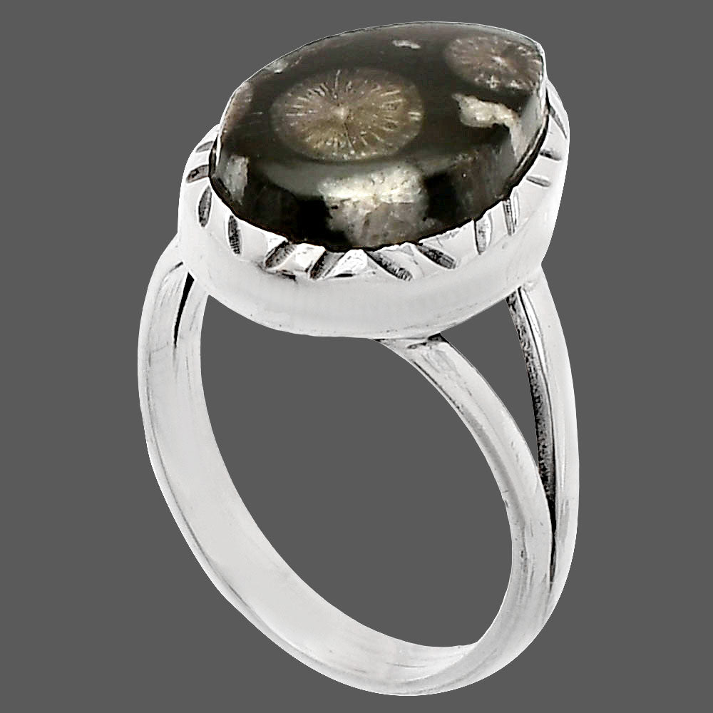 Natural Black Flower Fossil Coral Ring size-7 R-1074 SDR230884