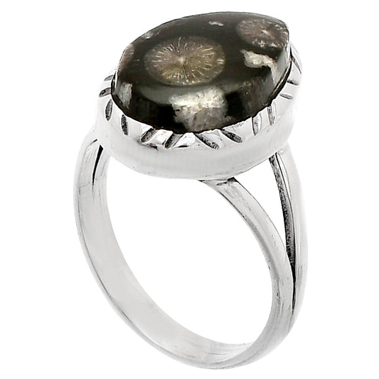 Natural Black Flower Fossil Coral Ring size-7 R-1074 SDR230884