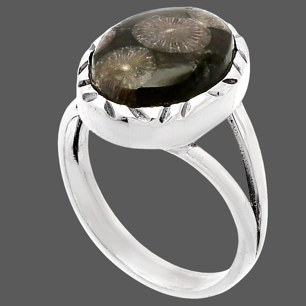 Natural Black Flower Fossil Coral Ring size-7 R-1074 SDR230931
