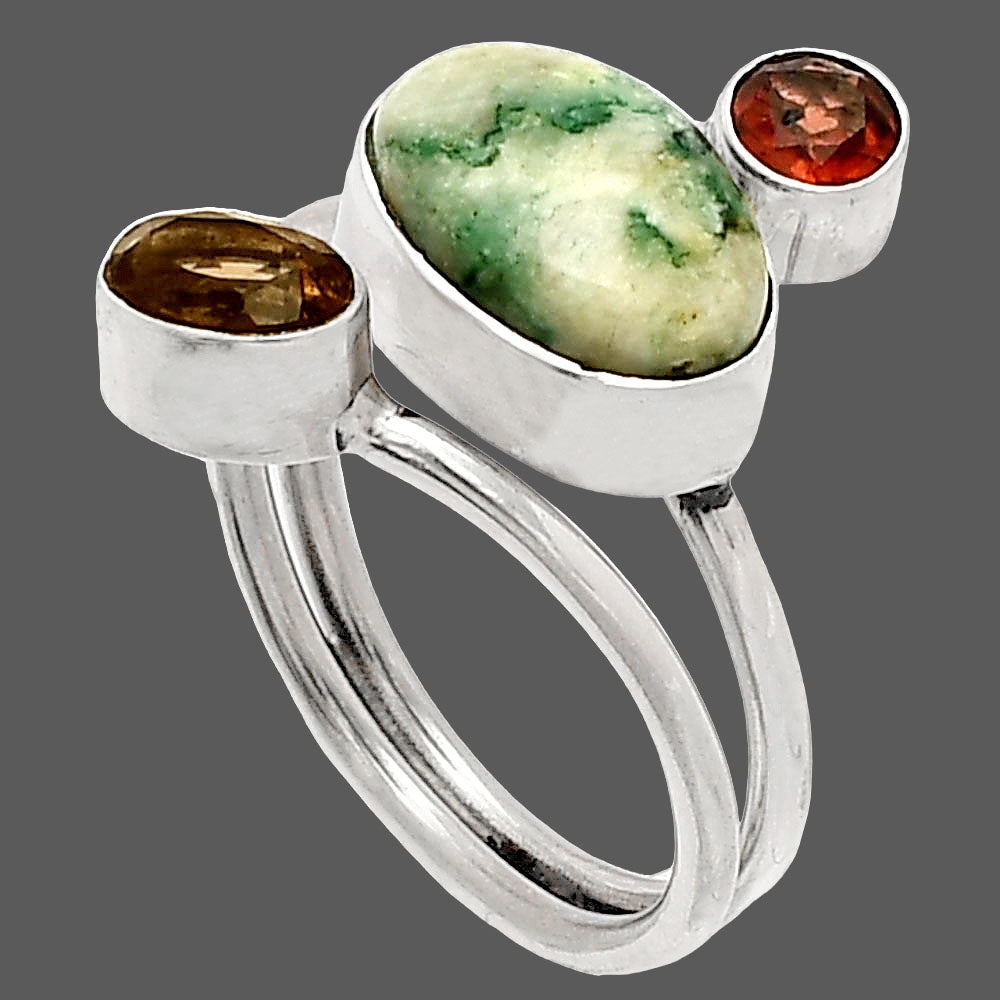 Tree Weed Moss Agate, Smoky Quartz & Amethyst Ring size-7 R-1209 SDR232027