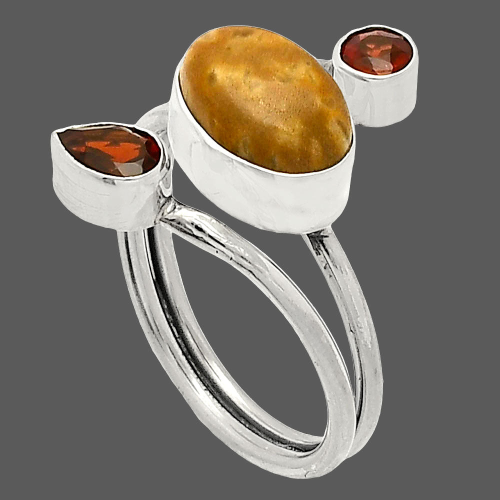 Palm Root Fossil Agate & Garnet Ring size-9 R-1209 SDR232047