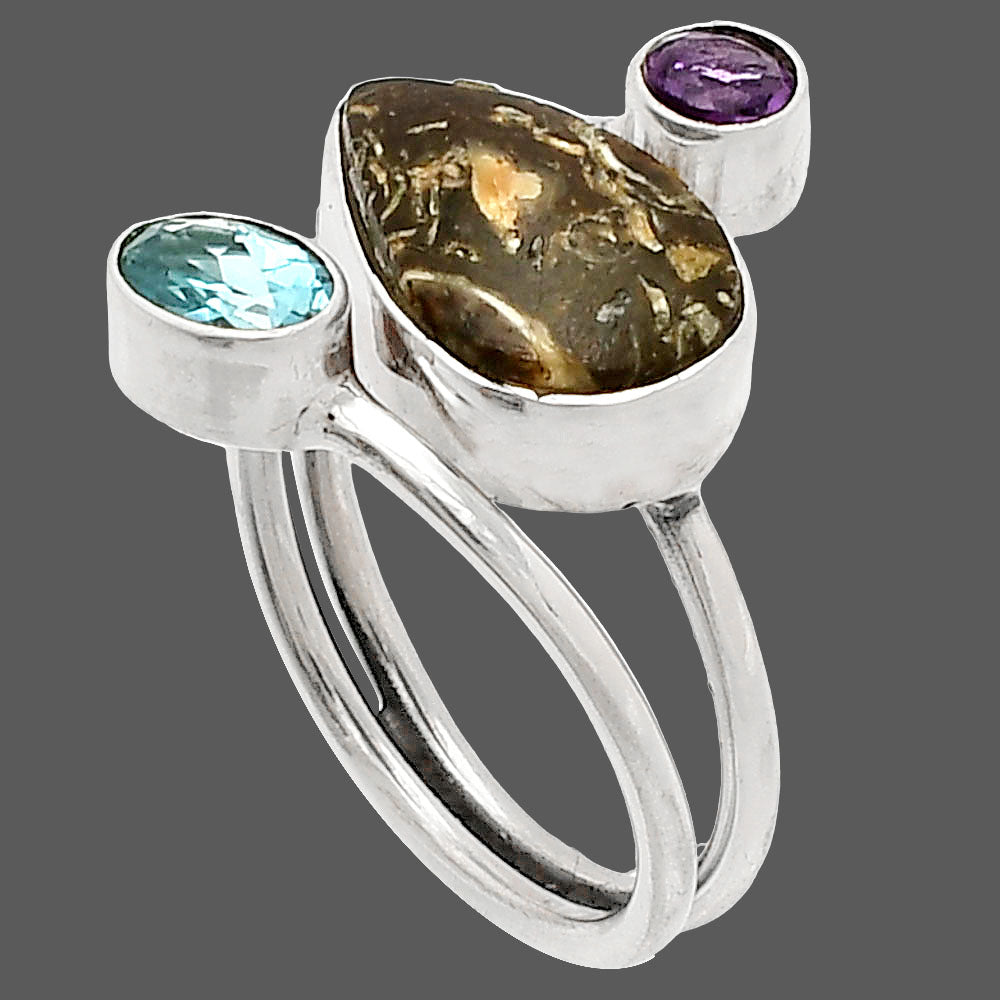 Copper Abalone Shell, Sky Blue Topaz & Amethyst Ring size-7 R-1209 SDR232084