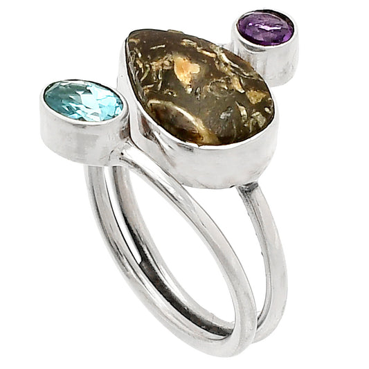Copper Abalone Shell, Sky Blue Topaz & Amethyst Ring size-7 R-1209 SDR232084