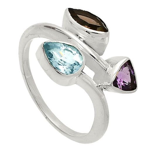 Sky Blue Topaz, Smoky Quartz & Amethyst Ring size-8 R-1040 SDR233217
