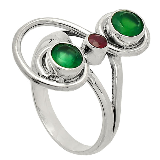 Natural Green Onyx & Garnet Ring size-8 R-1231 SDR233291