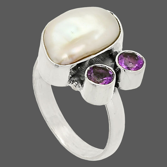 Natural Fresh Water Biwa Pearl & Amethyst Ring size-7 R-1122 SDR234889