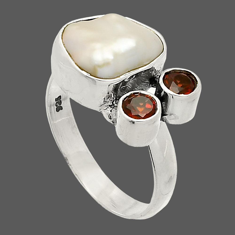 Natural Fresh Water Biwa Pearl & Garnet Ring size-7.5 R-1122 SDR234912