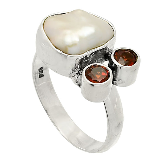 Natural Fresh Water Biwa Pearl & Garnet Ring size-7.5 R-1122 SDR234912