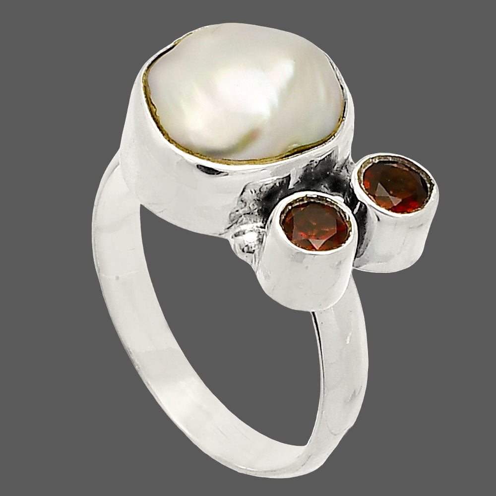 Natural Fresh Water Biwa Pearl & Garnet Ring size-7.5 R-1122 SDR234923