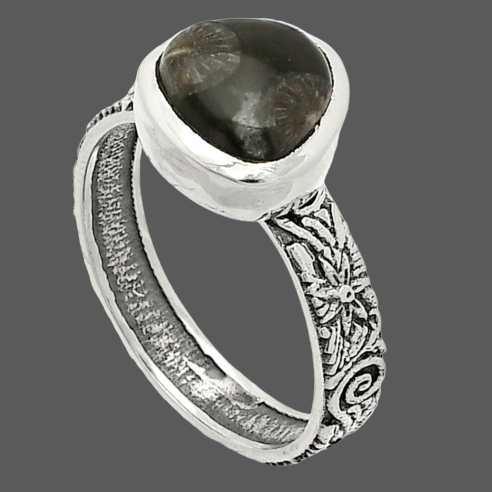 Natural Black Flower Fossil Coral Ring size-8 R-1061 SDR235043