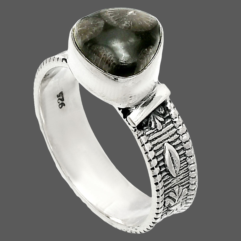 Natural Black Flower Fossil Coral Ring size-8 R-1058 SDR235513