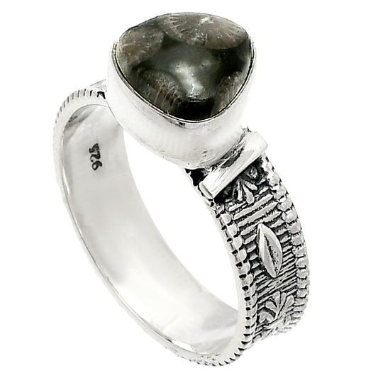 Natural Black Flower Fossil Coral Ring size-8 R-1058 SDR235513