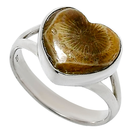 Heart Natural Flower Fossil Coral Ring size-8 R-1073 SDR248528