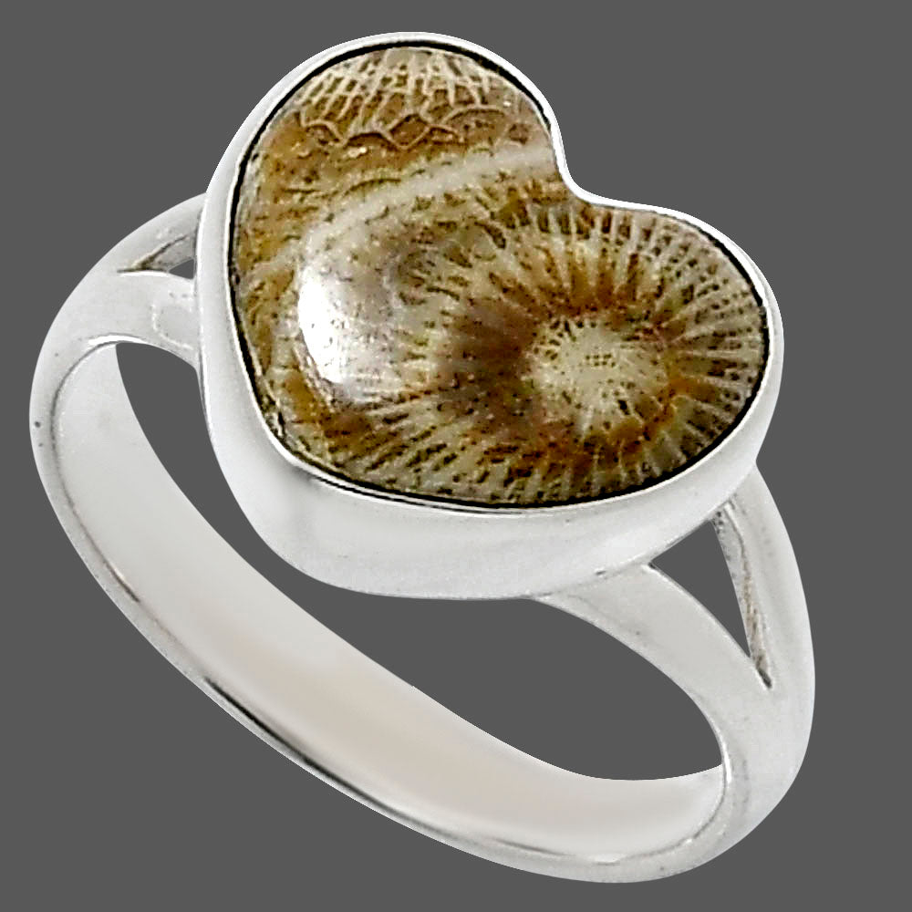 Heart Natural Flower Fossil Coral Ring size-8 R-1073 SDR248531