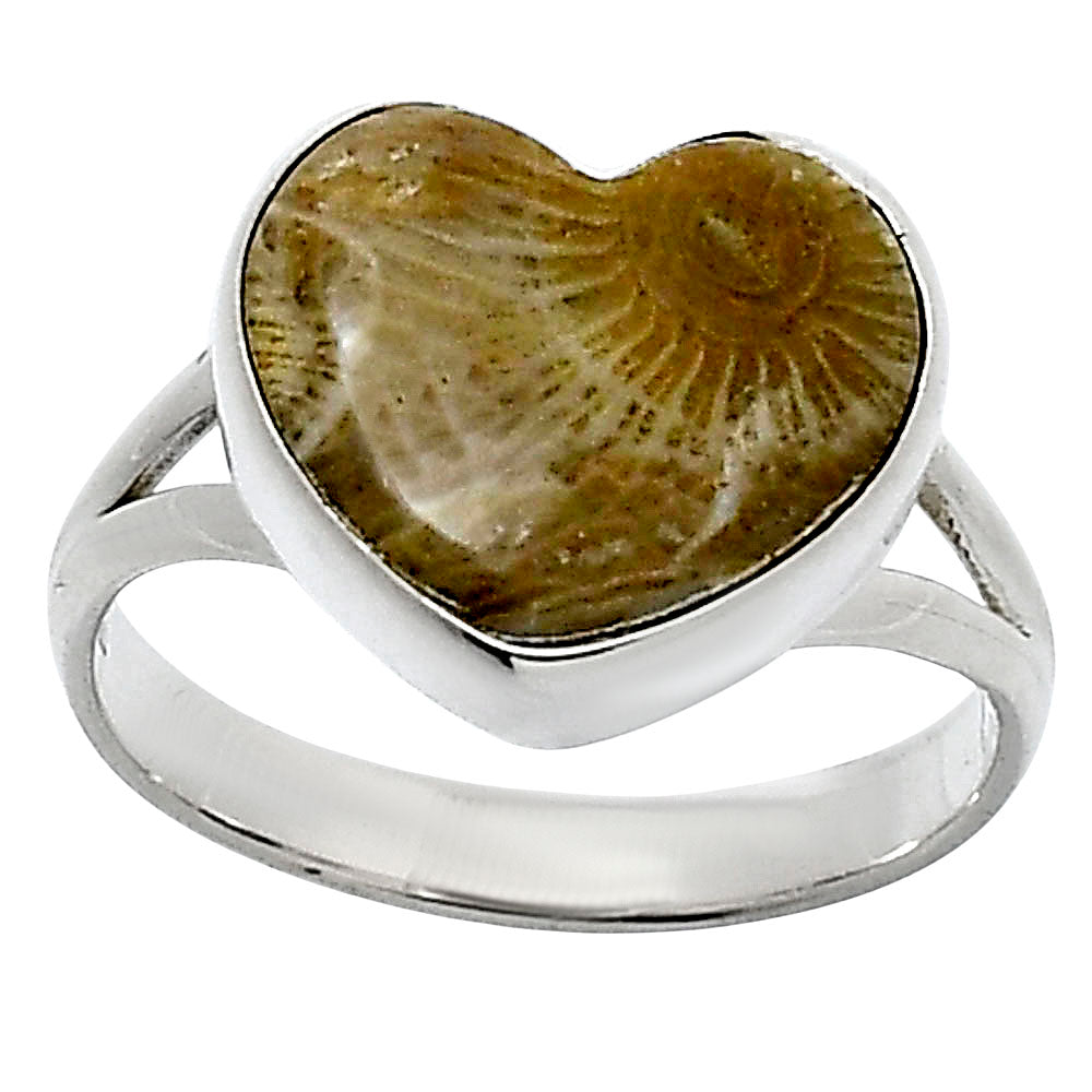 Heart Natural Flower Fossil Coral Ring size-9 R-1073 SDR248535