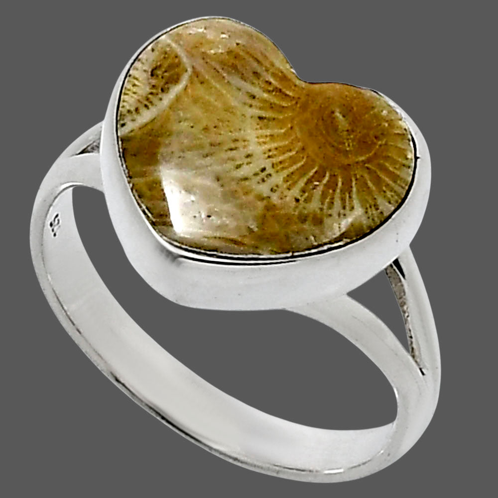 Heart Natural Flower Fossil Coral Ring size-9 R-1073 SDR248535
