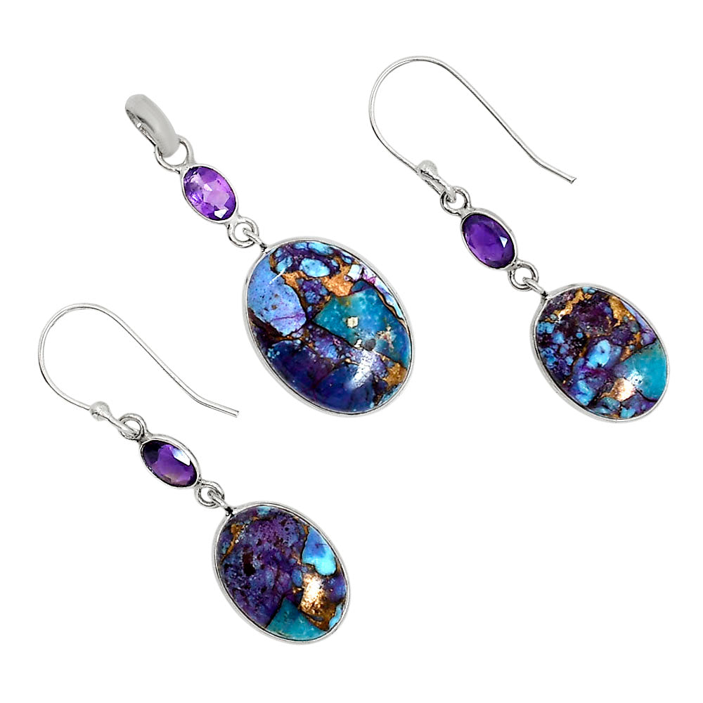 Kingman Purple Dahlia Turquoise and Amethyst Pendant Earrings Set T-1010 SDT03556