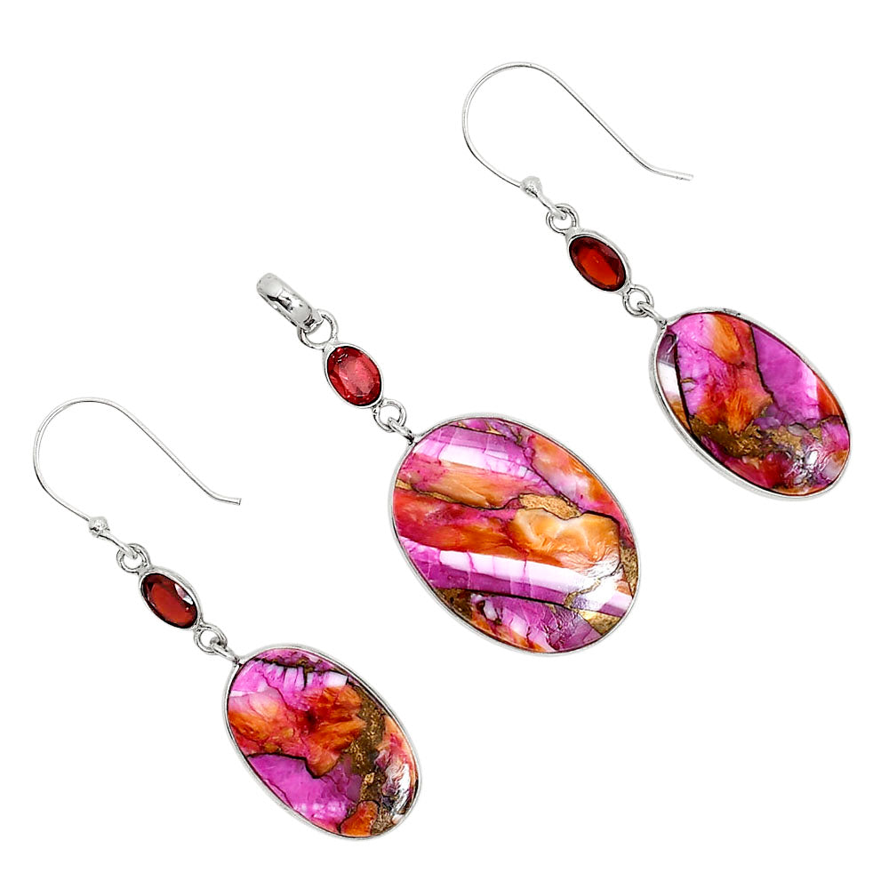 Kingman Orange Dahlia Turquoise and Garnet Pendant Earrings Set T-1010 SDT03557