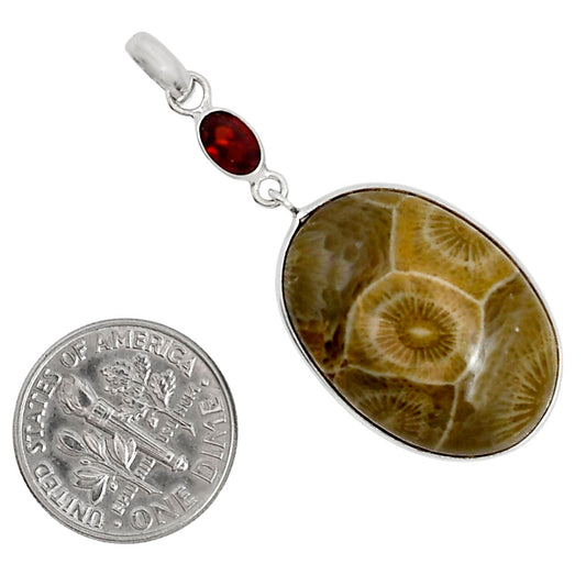 Flower Fossil Coral and Garnet Pendant Earrings Set T-1010 SDT03569
