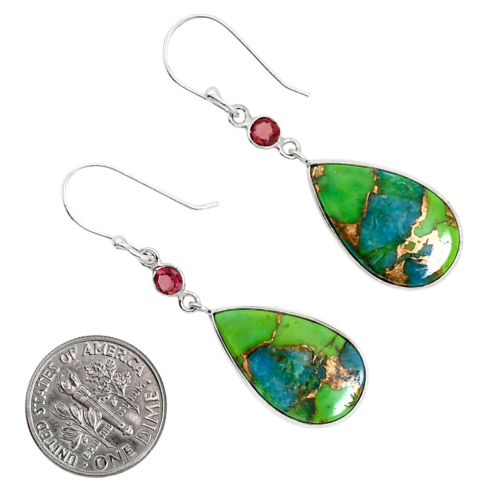 Blue Turquoise In Green Mohave and Hessonite Garnet Pendant Earrings Set T-1010 SDT03577