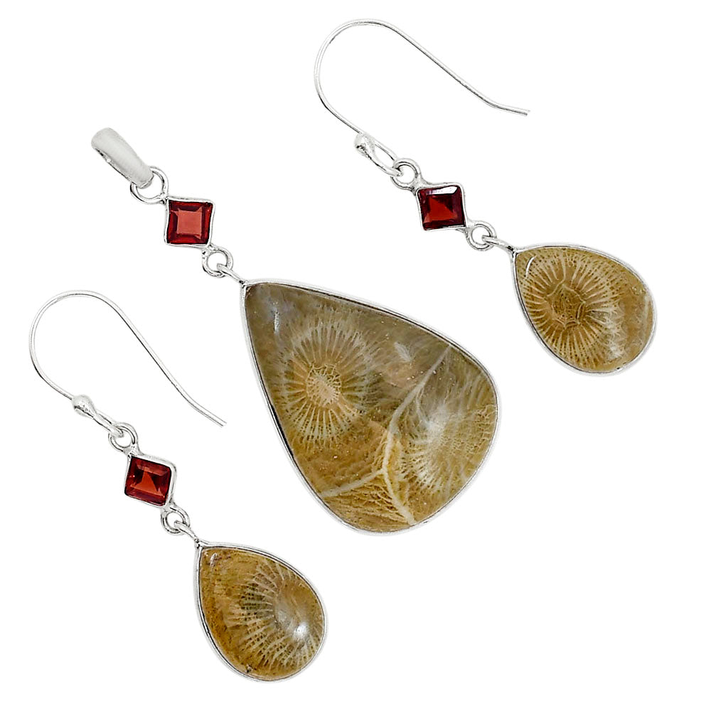 Flower Fossil Coral and Hessonite Garnet Pendant Earrings Set T-1010 SDT03580