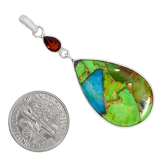 Blue Turquoise In Green Mohave and Hessonite Garnet Pendant Earrings Set T-1010 SDT03585