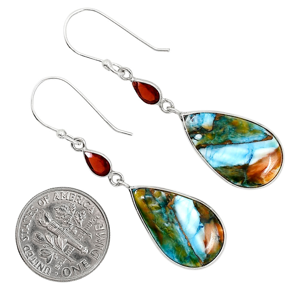 Spiny Oyster Turquoise and Hessonite Garnet Pendant Earrings Set T-1010 SDT03587