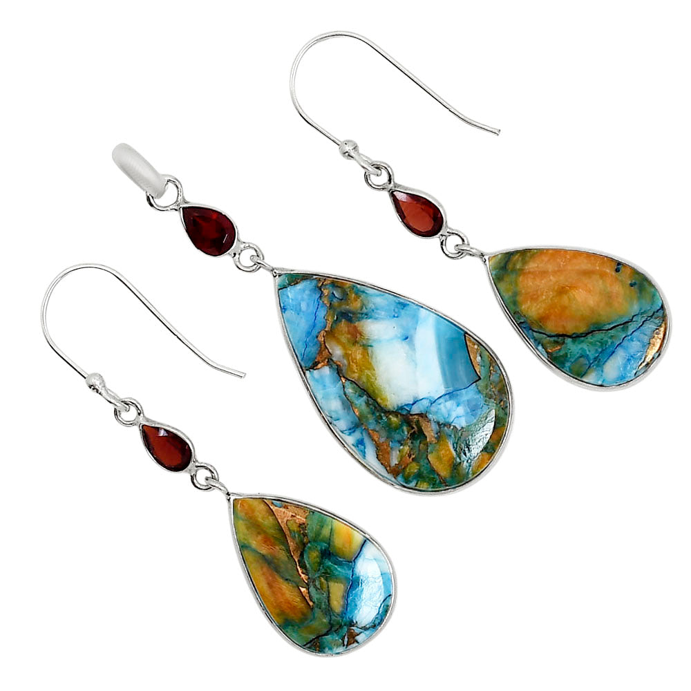 Spiny Oyster Turquoise and Hessonite Garnet Pendant Earrings Set T-1010 SDT03591