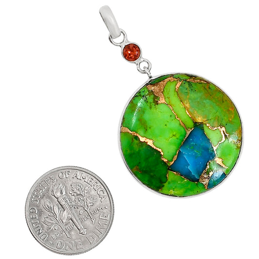 Blue Turquoise In Green Mohave and Hessonite Garnet Pendant Earrings Set T-1010 SDT03607