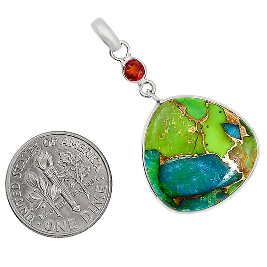 Blue Turquoise In Green Mohave and Hessonite Garnet Pendant Earrings Set T-1010 SDT03615