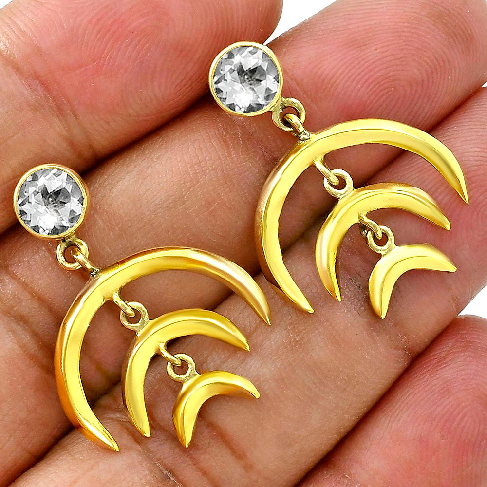 Celestial Triple Crescent Moon Gemstone Earrings 18K Gold Over Brass TGE1002 EM-1249