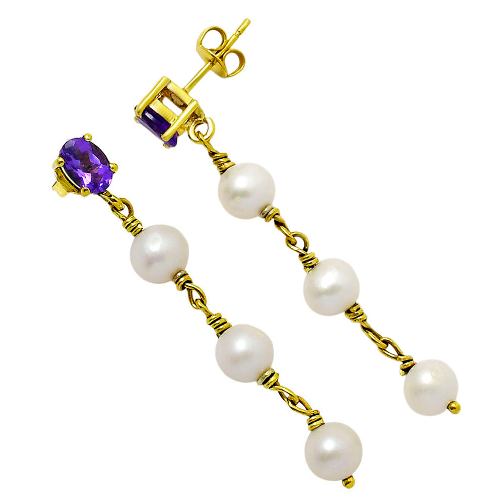 Elegant Natural Gemstone & Pearl Dangle Earrings in 18K Gold Plated TGE1010 EM-1268