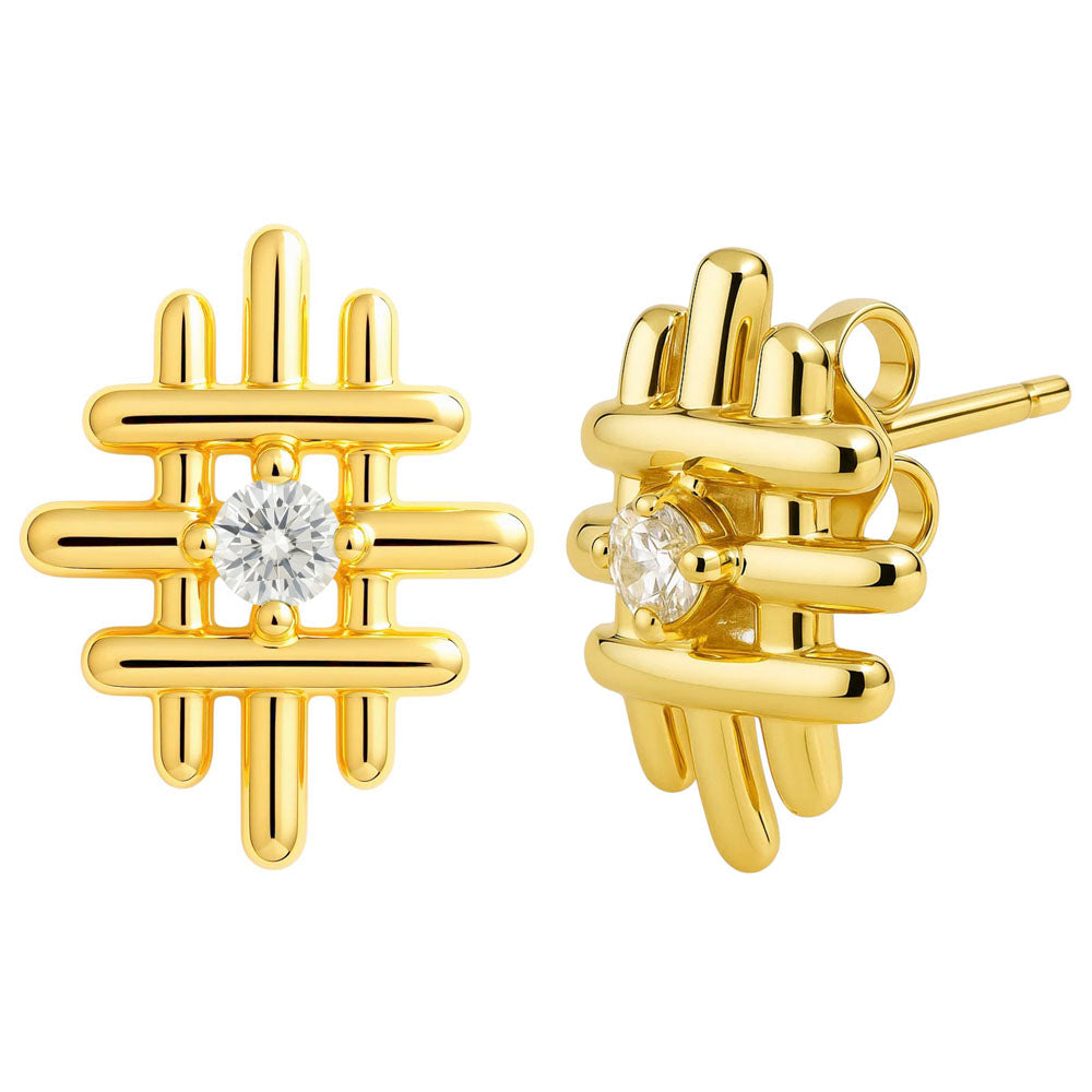 18K Gold Over Brass Grid Gemstone Stud Earrings, Elegant Modern Look TGE1034 EM-1289