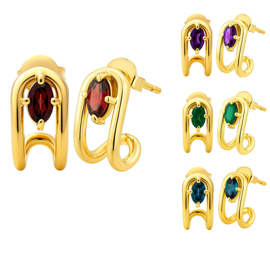 18K Gold Over Brass Oval Gemstone Loop Stud Earrings, Chic Contemporary TGE1042 EM-1297