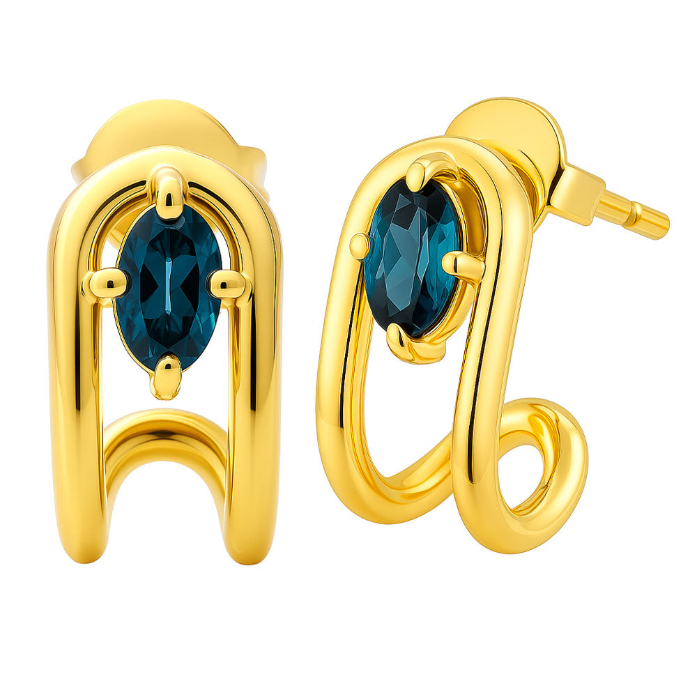 18K Gold Over Brass Oval Gemstone Loop Stud Earrings, Chic Contemporary TGE1042 EM-1297