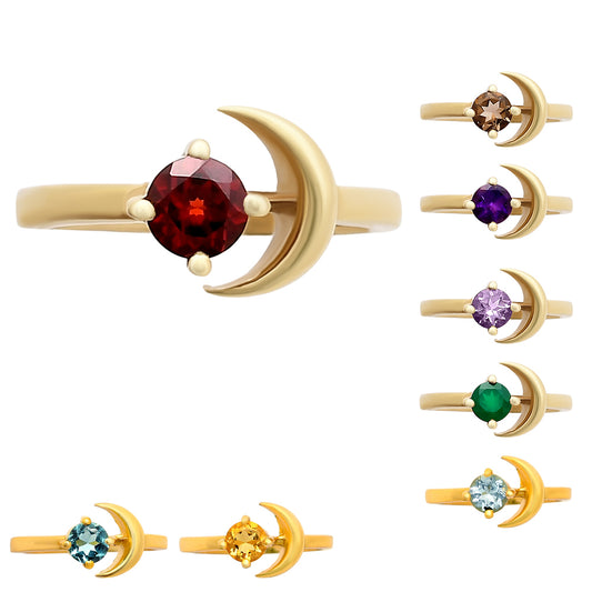 18K Gold Over Brass Crescent Moon Colorful Birth Gemstone Ring for Women TGR1004 RM-1748