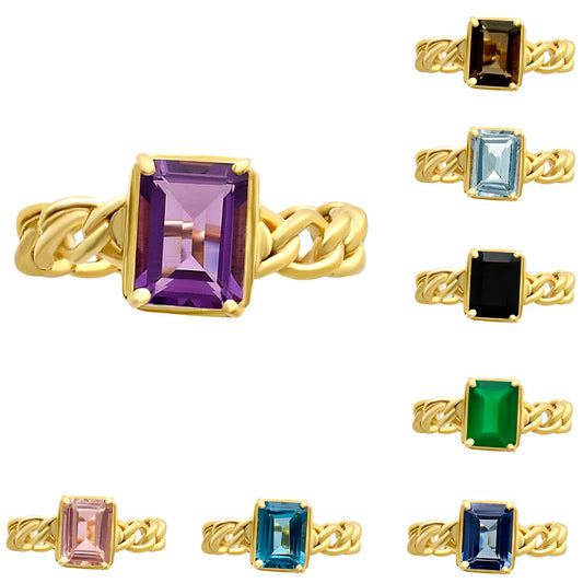 Rectangle Cut Gemstone Ring with Chain Link Band in 18K Gold Over Brass TGR1015 RM-1749