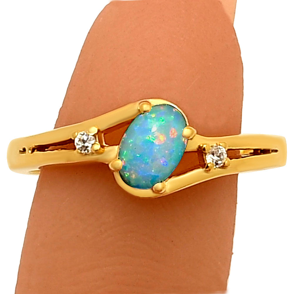 18K Gold Over Brass Oval Gemstone Ring with Side CZ Accent Stones TGR1034 RM-1765