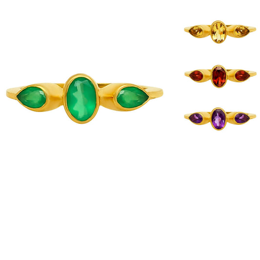 18K Gold Plated Triple Stone Oval and Pear Gemstone Ring – Modern Design TGR1037 RM-1756