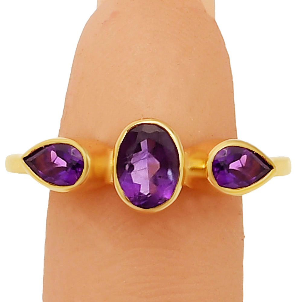 18K Gold Plated Triple Stone Oval and Pear Gemstone Ring – Modern Design TGR1037 RM-1756